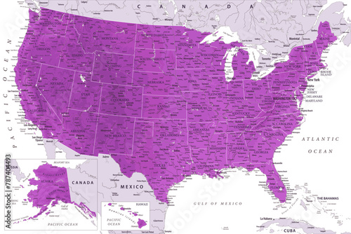 United States - Highly Detailed Vector Map of the USA. Ideally for the Print Posters. Amethyst Lilac Purple Colors. Relief Topographic