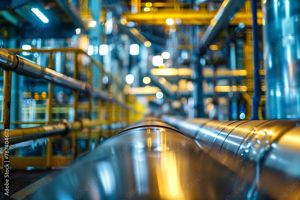 Gleaming steel pipelines in industrial plant