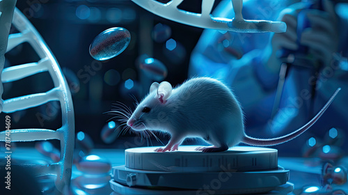 A visually stunning sciencefiction poster showcasing a white experimental Outbred mice as the focal point on a stage, while a scientist in the background carefully scissors a DNA spiral photo