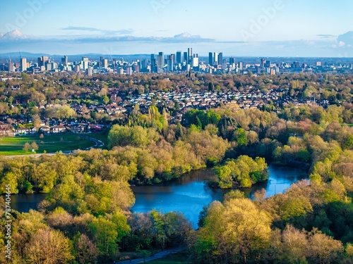Aerial view of the city of Manchester from Heaton Park 