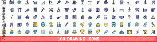 100 drawing icons set. Color line set of drawing vector icons thin line color flat on white