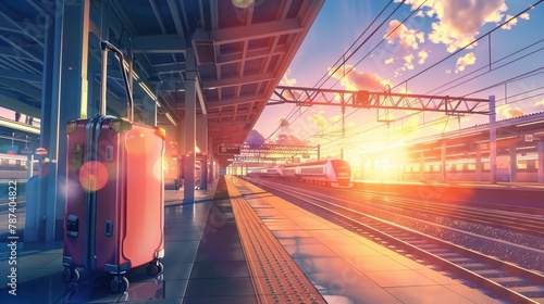 A lone suitcase stands on a platform at a train station during a vibrant sunset