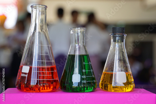 Erlenmeyer flask is a scientific instrument used in laboratories. Suitable for mixing liquids Or add a solution made of glass, able to withstand heat well. photo