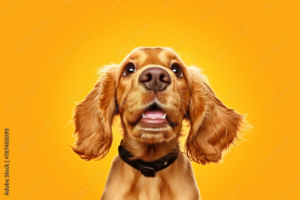 Cocker spaniel puppy sits on an orange background.