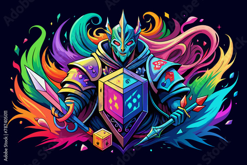 Crafted with vivid watercolor-inspired brush strokes, this abstract t-shirt design merges the gallant paladin warriors from Dungeons and Dragons with the whimsical charm of tabletop role-playing game 