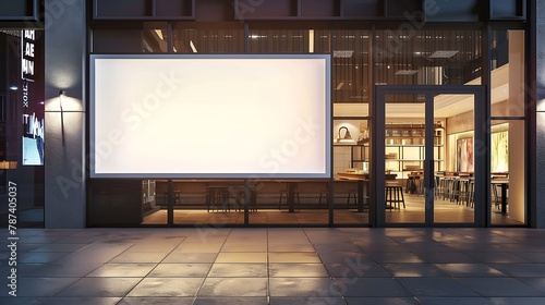 Blank white restaurant or shop sign mockup large billboard banner on a storefront template   Generative AI