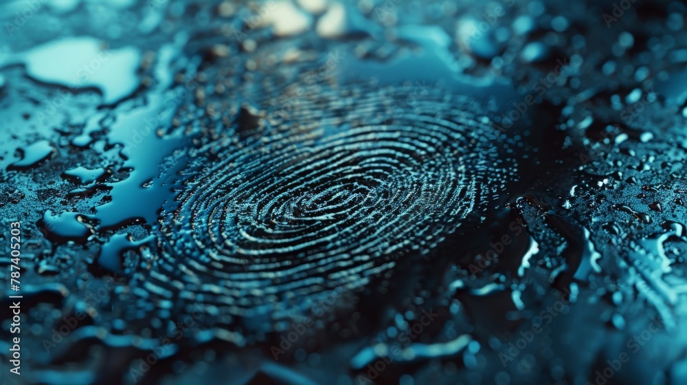 A macro shot of a fingerprint on a metallic surface, with water droplets creating a distorted reflection. A macro shot of a fingerprint on a metallic surface, with water droplets creating a distorted reflection.