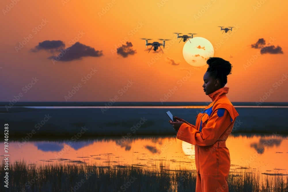 Fototapeta premium Black Female Scientist Researching Climate Change with Drones at Coastal Sunset