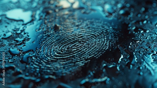 A macro shot of a fingerprint on a metallic surface, with water droplets creating a distorted reflection.