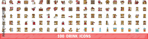 100 drink icons set. Color line set of drink vector icons thin line color flat on white
