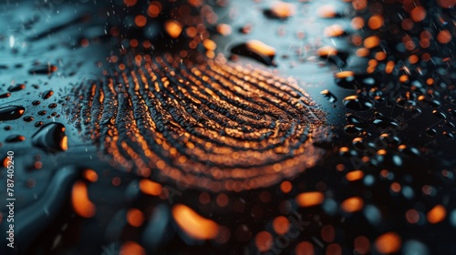 A macro shot of a fingerprint on a metallic surface, with water droplets creating a distorted reflection. photo