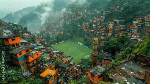 Soccer pitch, favela, slum, football, field, sports, playground, community, Brazil, Rio de Janeiro, urban, informal settlement, poverty, kids, youth, play, makeshift, informal, soccer ball, goal