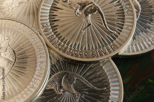 Close-up of an Australian pure silver investment coin. 1 Dollar Australian Kangaroo.