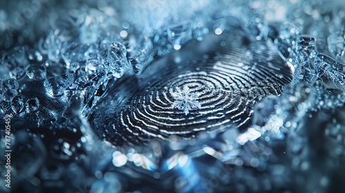 A fingerprint sculpted from rough, cold ice, with a single snowflake resting in its center. Sci-Fi concept 3D rendering.