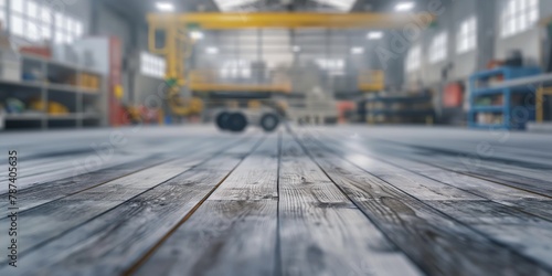 An expansive industrial warehouse interior with a low-angle view of the wooden floor, leading to blurred machinery in the background