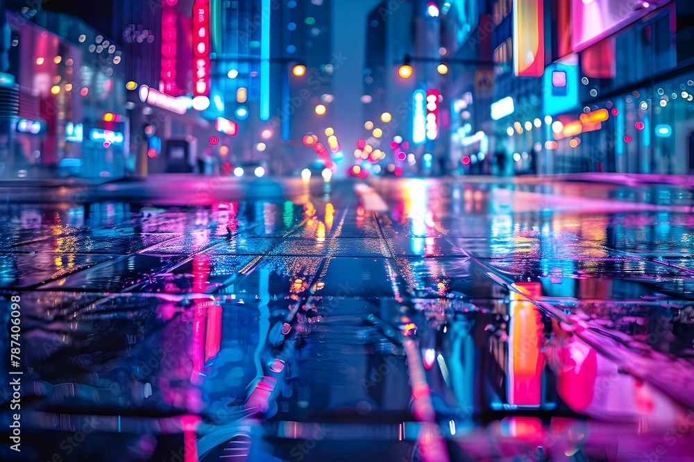This abstract 3D depiction highlights the idea of nightlife and busy business areas with a cyberpunk vibe. It has neon megacities and light reflections from puddles on the street.