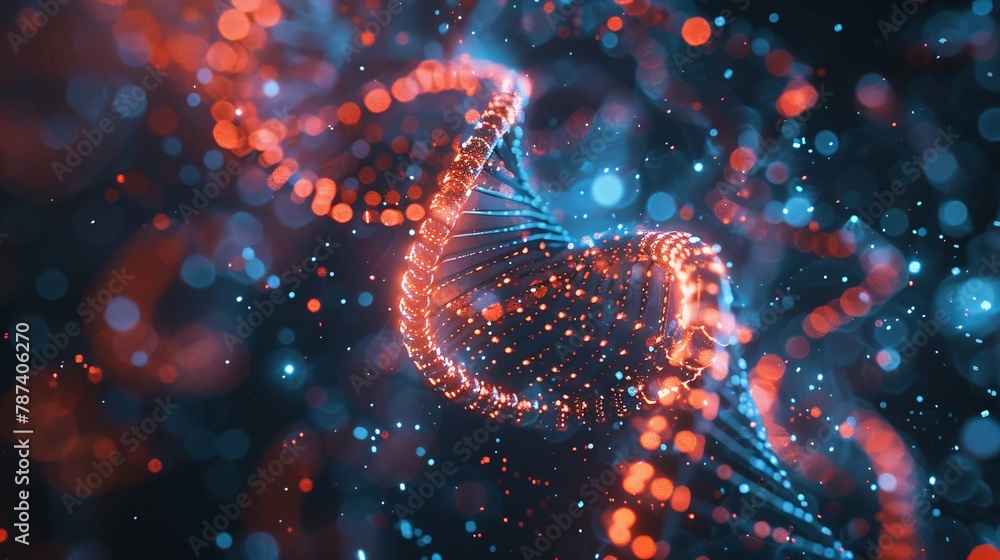 A microscopic image of DNA transformed into a digital circuit board, with glowing pathways representing the genetic code. A microscopic image of DNA transformed into a digital circuit board, with glowing pathways representing the genetic code.