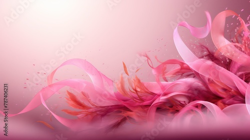 Abstract pink background with pink feathers and ribbons.