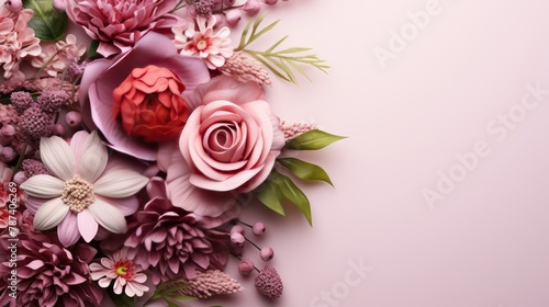 Beautiful bouquet of flowers on pink background, top view