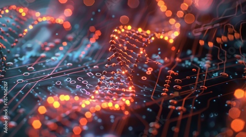 A microscopic image of DNA transformed into a digital circuit board, with glowing pathways representing the genetic code. 