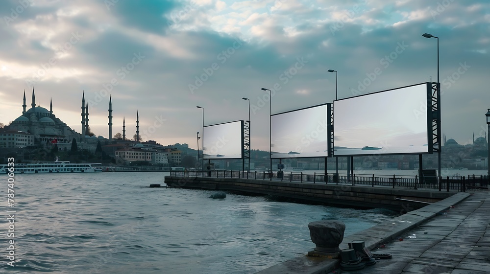 Empty  blank outdoor advertising billboards by Bosphorus in Istanbul : Generative AI