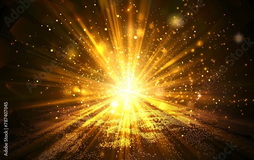 The golden light shines on the earth, with an impressive explosion effect. The background is dark and has elements of gold dust particles flying in all directions.