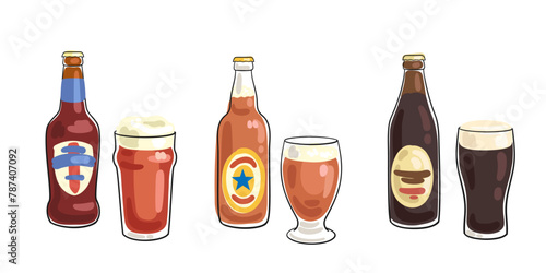 Set of three British beer bottles and glasses. Picture in line style. Black outline with colored spots. Isolated on white background. Vector flat illustration. Bar menu template