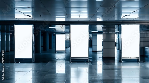 Five empty vertical posters mockups glowing with a LED neon light in an airport terminal a group of blank banners templates in a corridor of a shopping mall mockups of 5 indoor billboa : Generative AI photo