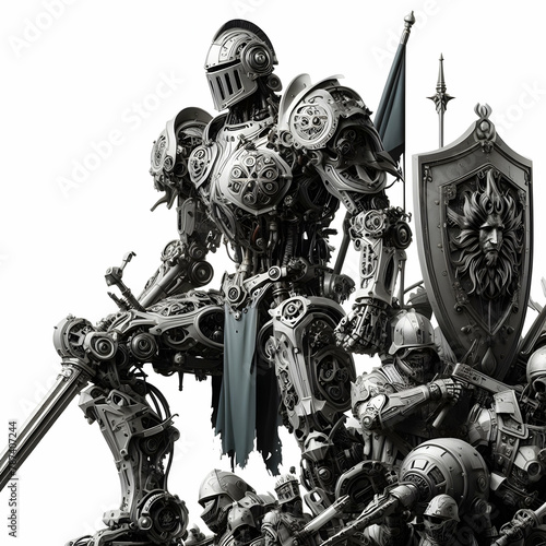 medieval knight with sword robot, knight, statue, soldier, warrior, medieval, armour, cyborg, war, sword, metal, armor, history, science, artAi generated 