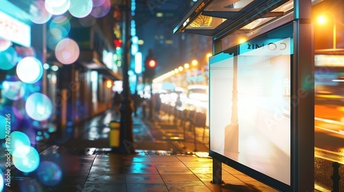 Concept of digital marketing in the city Advertising billboard with white empty canvas on bus shelters with protective glass Citylight on public transport stop : Generative AI photo