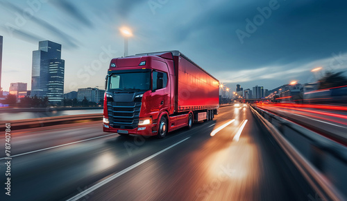 Modern red truck in highway traffic, urban background, speed blurred lights 