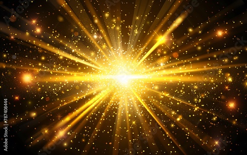  A golden light shines on the dark background, with rays of yellow lights spreading outwards from its center and a large amount of particles flying around