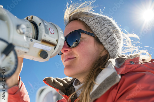 Under the bright sun, a woman in outdoor attire meticulously operates a theodolite, engaged in precise scientific measurement