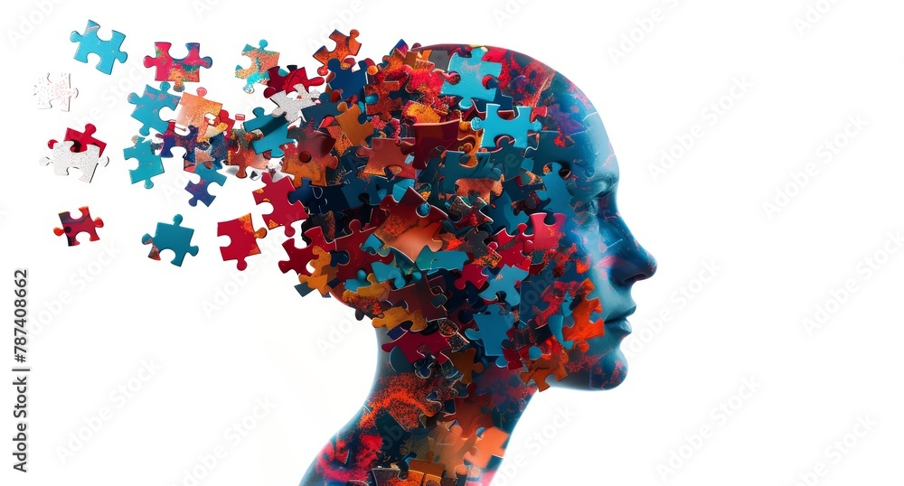 Alzheimer, dementia, epilepsy and autism concept. Neurological disease with memory loss and confused mind. Silhouette of a human head made of colorful jigsaw puzzle pieces. Mental health awareness. Alzheimer, dementia, epilepsy and autism concept. Neurological disease with memory loss and confused mind. Silhouette of a human head made of colorful jigsaw puzzle pieces. Mental health awareness.