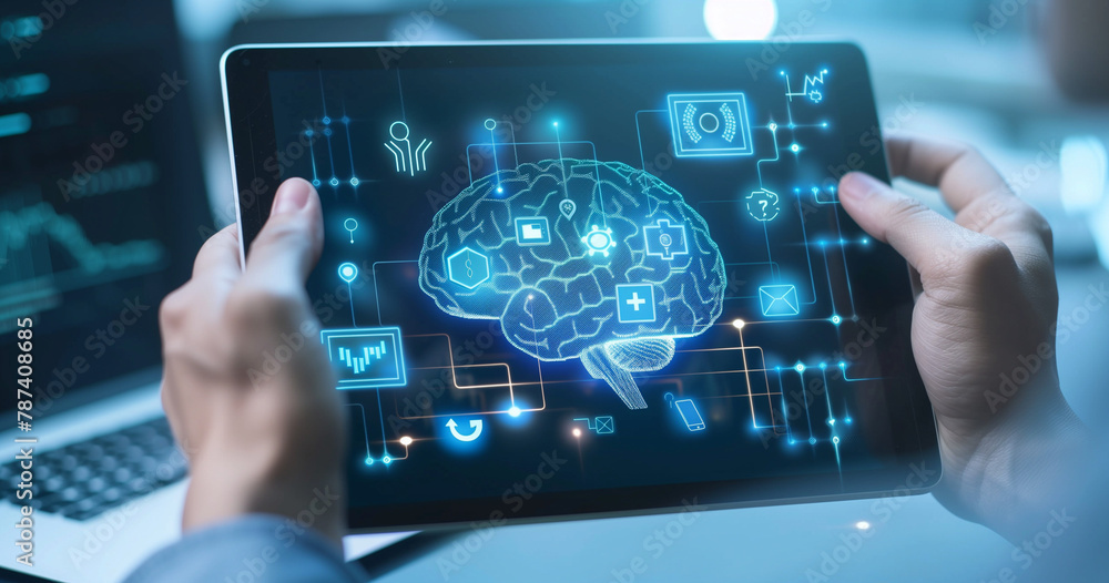 Tech Scene: Programmer with Digital Tablet Explores AI, Data Science, and Cloud Computing. Software Development and Data Management Tech Scene: Programmer with Digital Tablet Explores AI, Data Science, and Cloud Computing. Software Development and Data Management