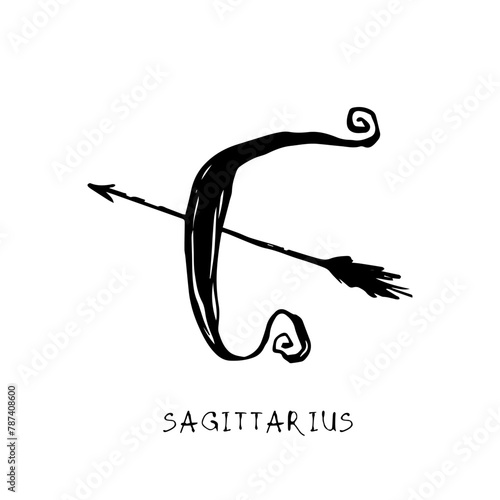 Sagittarius zodiac sign, quirky horoscope icon, hand drawn vector illustration, black line art, tattoo design