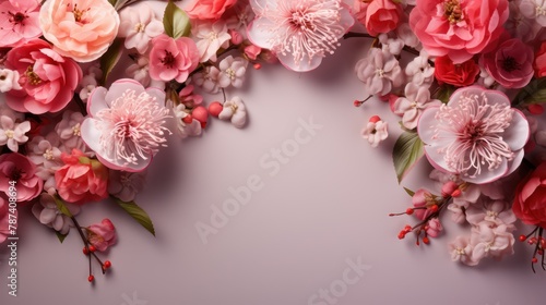 Beautiful cherry blossoms on color background, flat lay