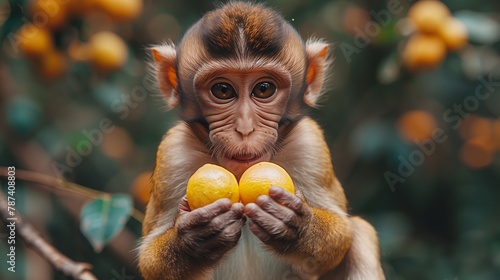 Primate holding two oranges on tree branch  happy gesture