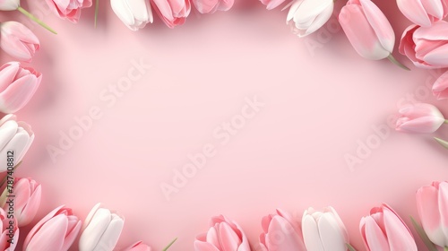 Pink tulips on pink background. Greeting card for Mother's Day, Women's Day, birthday