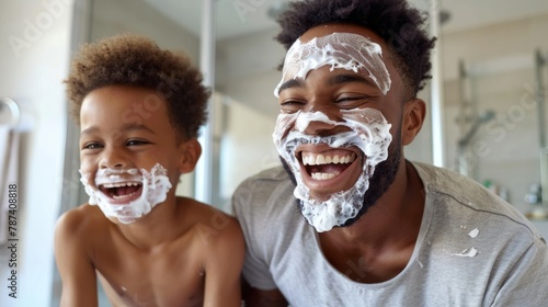 Joyful Father and Son Shaving photo