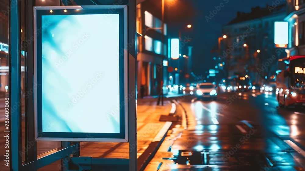 White bus stop billboard poster in a station with cars in moving in the background Front view mockup concept blank poster city traffic : Generative AI White bus stop billboard poster in a station with cars in moving in the background Front view mockup concept blank poster city traffic : Generative AI
