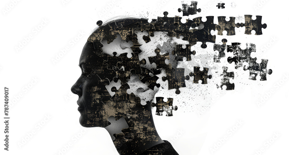 Alzheimer, dementia, epilepsy and autism concept. Neurological disease with memory loss and confused mind. Silhouette of a human head made of black jigsaw puzzle pieces. Mental health awareness.