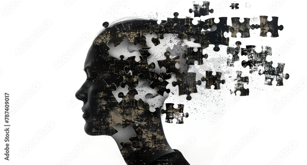 Alzheimer, dementia, epilepsy and autism concept. Neurological disease with memory loss and confused mind. Silhouette of a human head made of black jigsaw puzzle pieces. Mental health awareness. Alzheimer, dementia, epilepsy and autism concept. Neurological disease with memory loss and confused mind. Silhouette of a human head made of black jigsaw puzzle pieces. Mental health awareness.