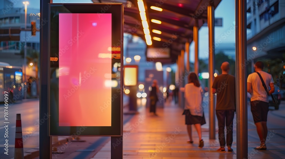 Fototapeta premium Vertical billboard in the city advertising in the bus shelter for placing the MOCKUP advertisement with people in the background Outdoor Advertising : Generative AI