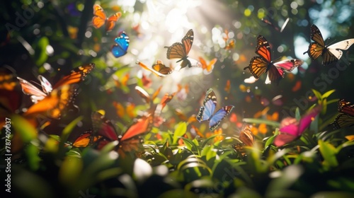 Enchanted Garden with Colorful Butterflies and Sunlight © Oksana Smyshliaeva