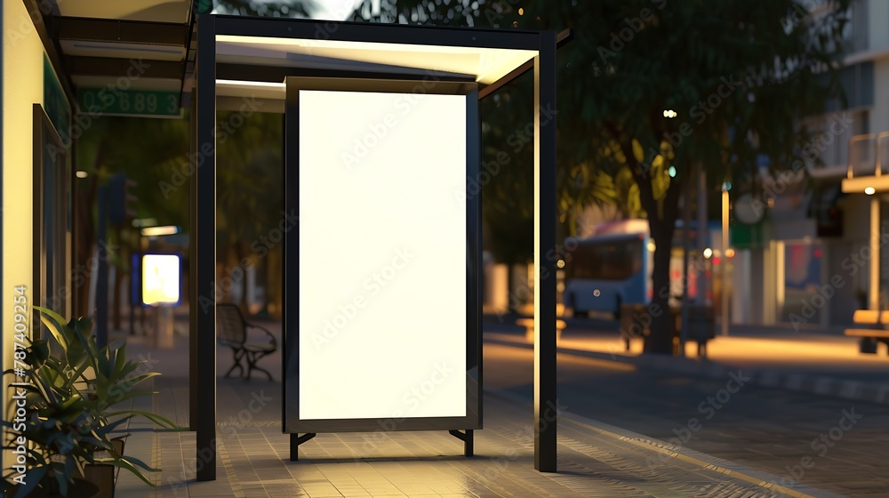 Blank white mock up of vertical light box in a bus stop in beautiful weather : Generative AI Blank white mock up of vertical light box in a bus stop in beautiful weather : Generative AI