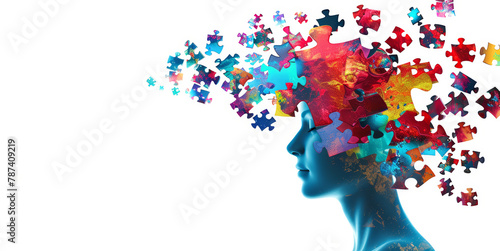 Alzheimer, dementia, epilepsy and autism concept. Neurological disease with memory loss and confused mind. Silhouette of a human head made of colorful jigsaw puzzle pieces. Mental health awareness.