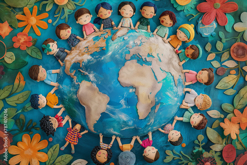 Globe illustration depicting children of various cultures holding hands around the world, promoting global unity and conservation, Earth Day, Earth