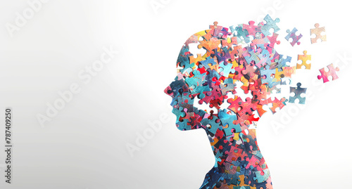 Alzheimer, dementia, epilepsy and autism concept. Neurological disease with memory loss and confused mind. Silhouette of a human head made of colorful jigsaw puzzle pieces. Mental health awareness.