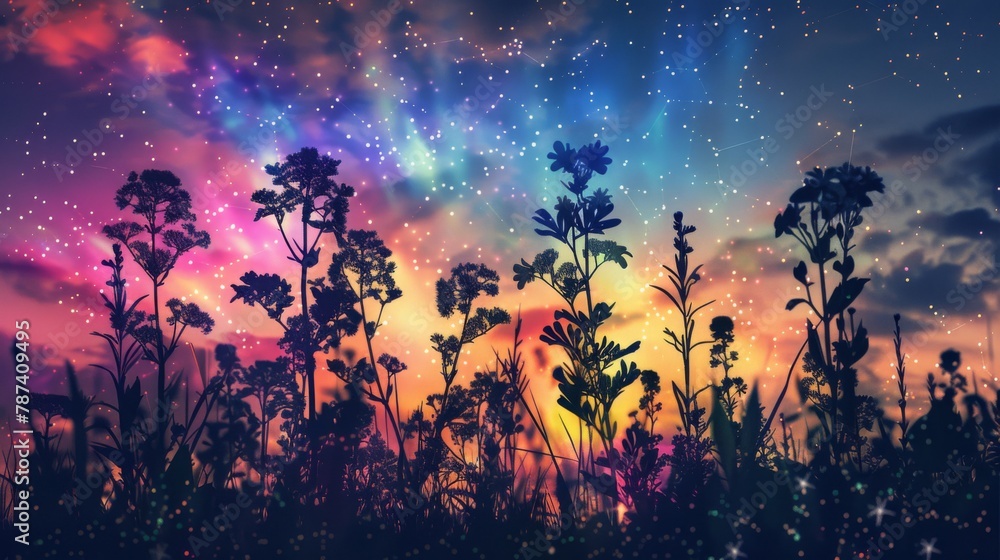 Enchanting Twilight Silhouette of Wildflowers Against Cosmic Sky